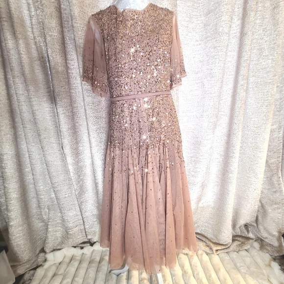 Mac‎ Duggal 93655 Rosewood Cape Sleeve Beaded Tea Length A-Line Midi Dress Sz 10 - Picture 2 of 11